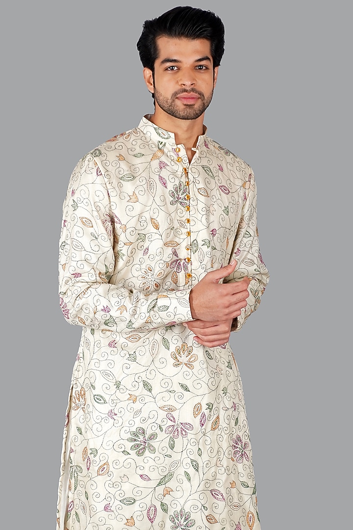 Beige Tussar Silk Kantha Work Kurta Set by Gaurav Katta at Pernia's Pop Up Shop