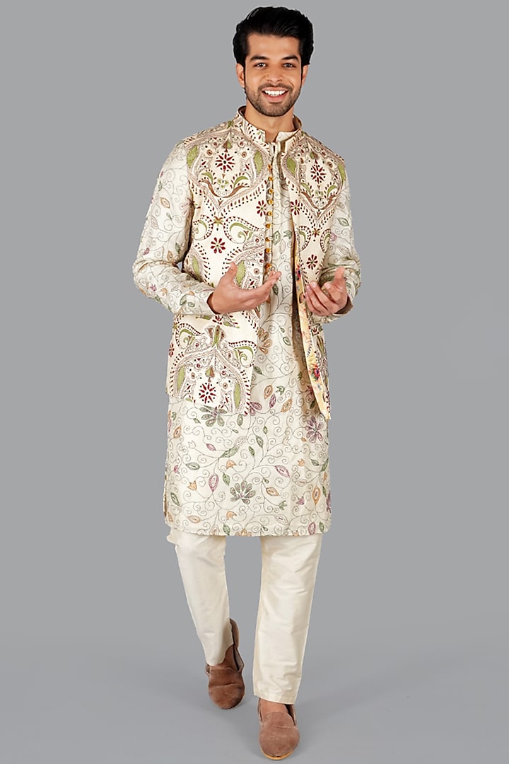 Beige Tussar Silk Kantha Work Nehru Jacket Set by Gaurav Katta