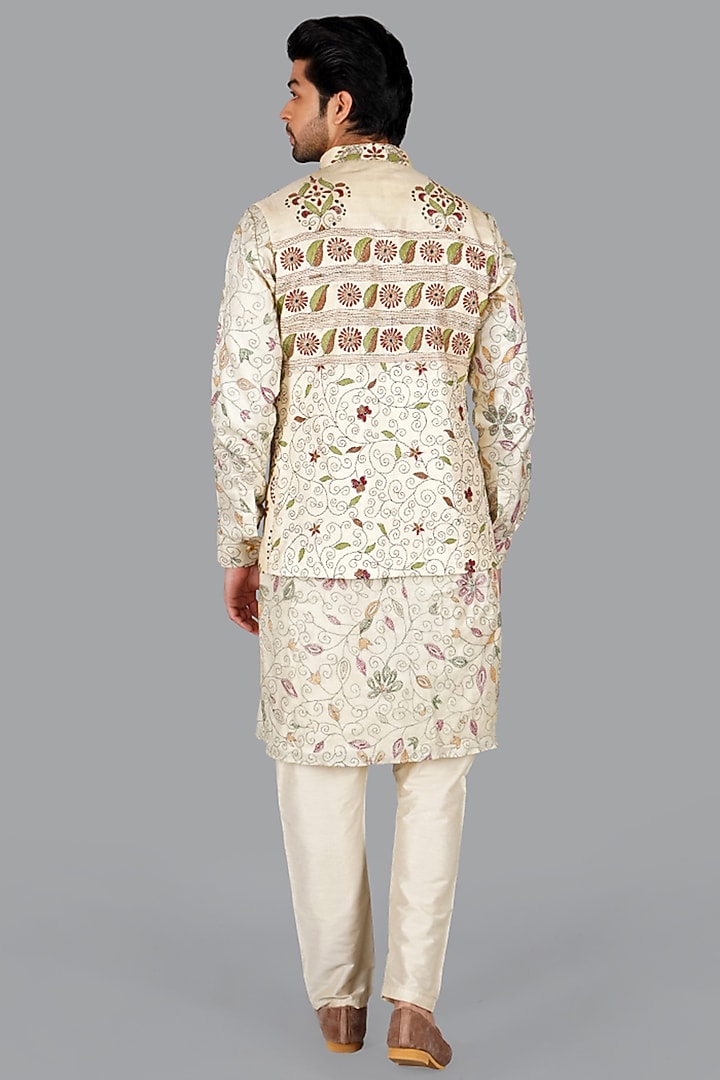 Beige Tussar Silk Kantha Work Nehru Jacket Set by Gaurav Katta at Pernia's Pop Up Shop