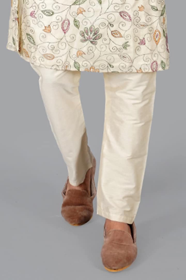 Beige Tussar Silk Kantha Work Nehru Jacket Set by Gaurav Katta at Pernia's Pop Up Shop