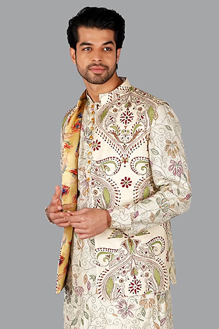 Beige Tussar Silk Kantha Work Nehru Jacket Set by Gaurav Katta at Pernia's Pop Up Shop