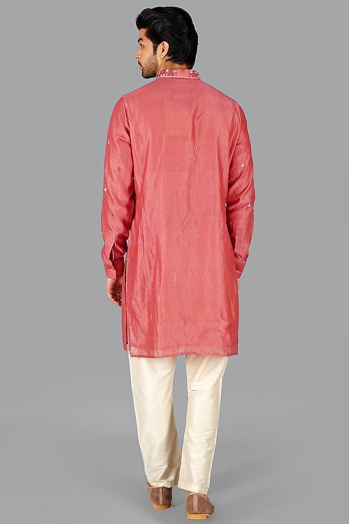 Light Cherry Chanderi Pearl Work Kurta Set by Gaurav Katta at Pernia's Pop Up Shop