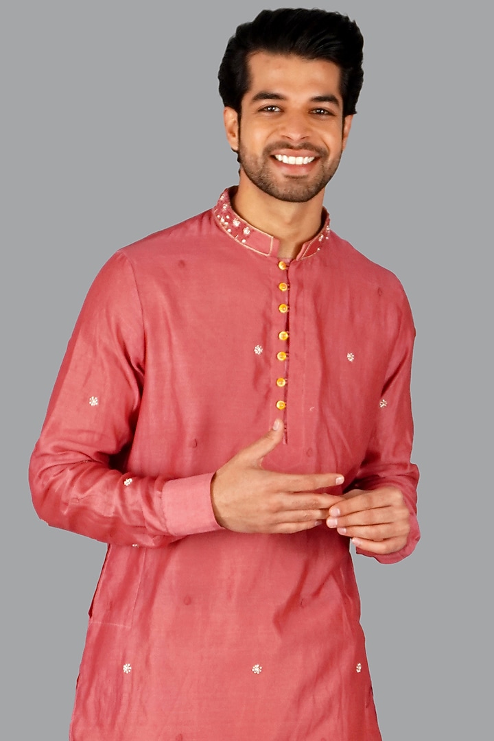 Light Cherry Chanderi Pearl Work Kurta Set by Gaurav Katta at Pernia's Pop Up Shop