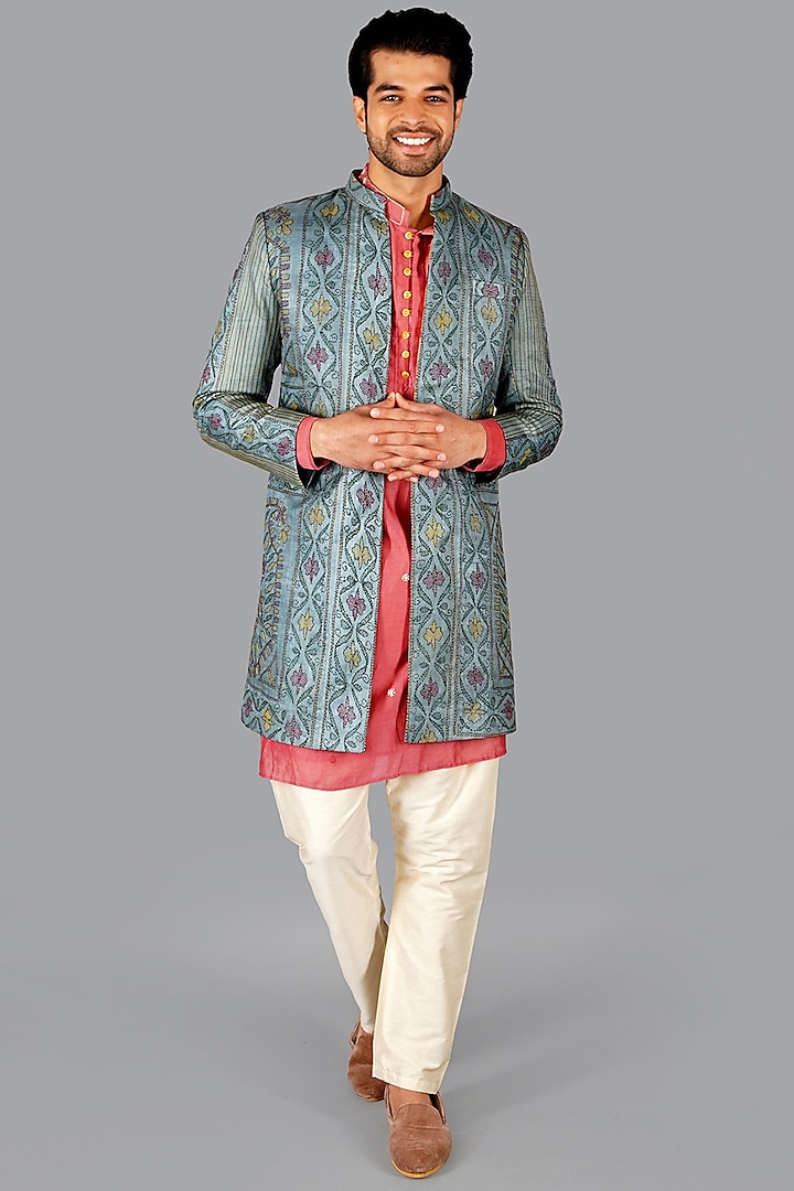 Blue Grey Tussar Silk Kantha Work Jacket by Gaurav Katta