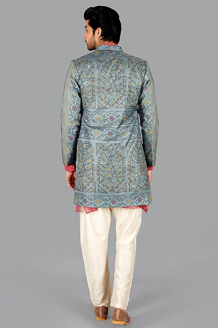 Blue Grey Tussar Silk Kantha Work Jacket by Gaurav Katta at Pernia's Pop Up Shop