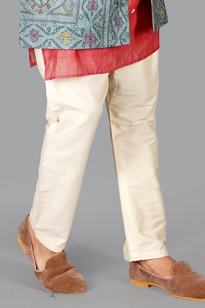 Blue Grey Tussar Silk Kantha Work Jacket by Gaurav Katta at Pernia's Pop Up Shop