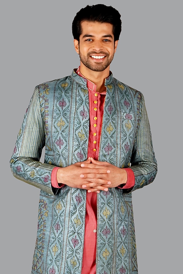 Blue Grey Tussar Silk Kantha Work Jacket by Gaurav Katta at Pernia's Pop Up Shop