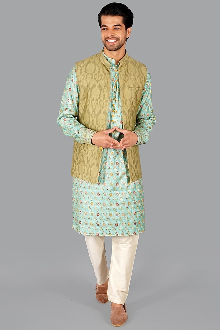 Sage Green Handwoven Banarasi Silk Nehru Jacket by Gaurav Katta