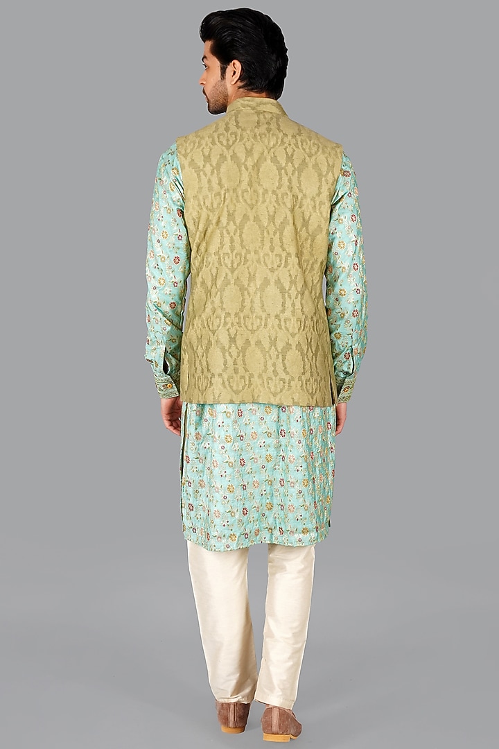 Sage Green Handwoven Banarasi Silk Nehru Jacket by Gaurav Katta at Pernia's Pop Up Shop