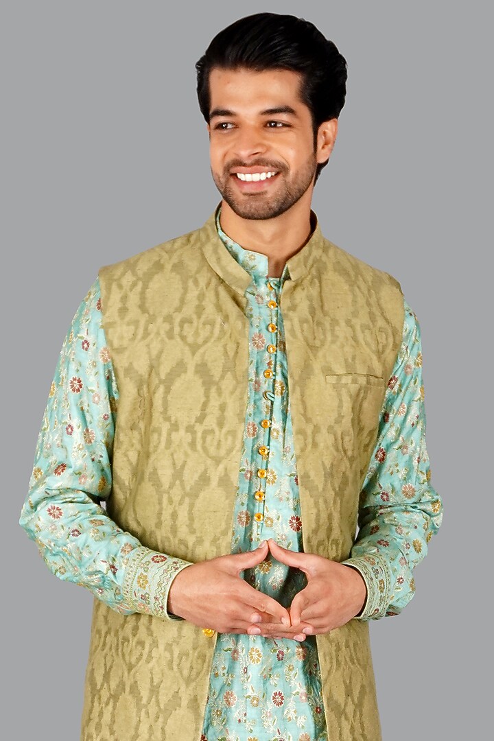 Sage Green Handwoven Banarasi Silk Nehru Jacket by Gaurav Katta at Pernia's Pop Up Shop