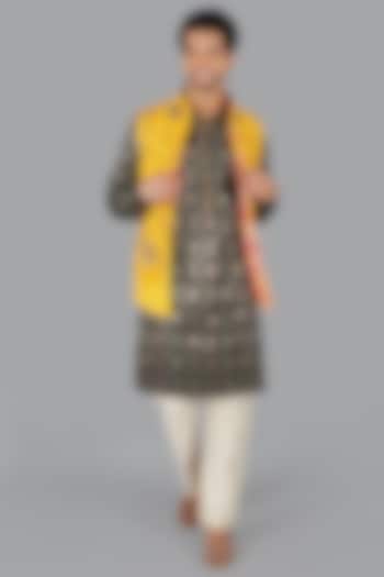 Yellow Modal Silk Zardosi Work Nehru Jacket Set by Gaurav Katta