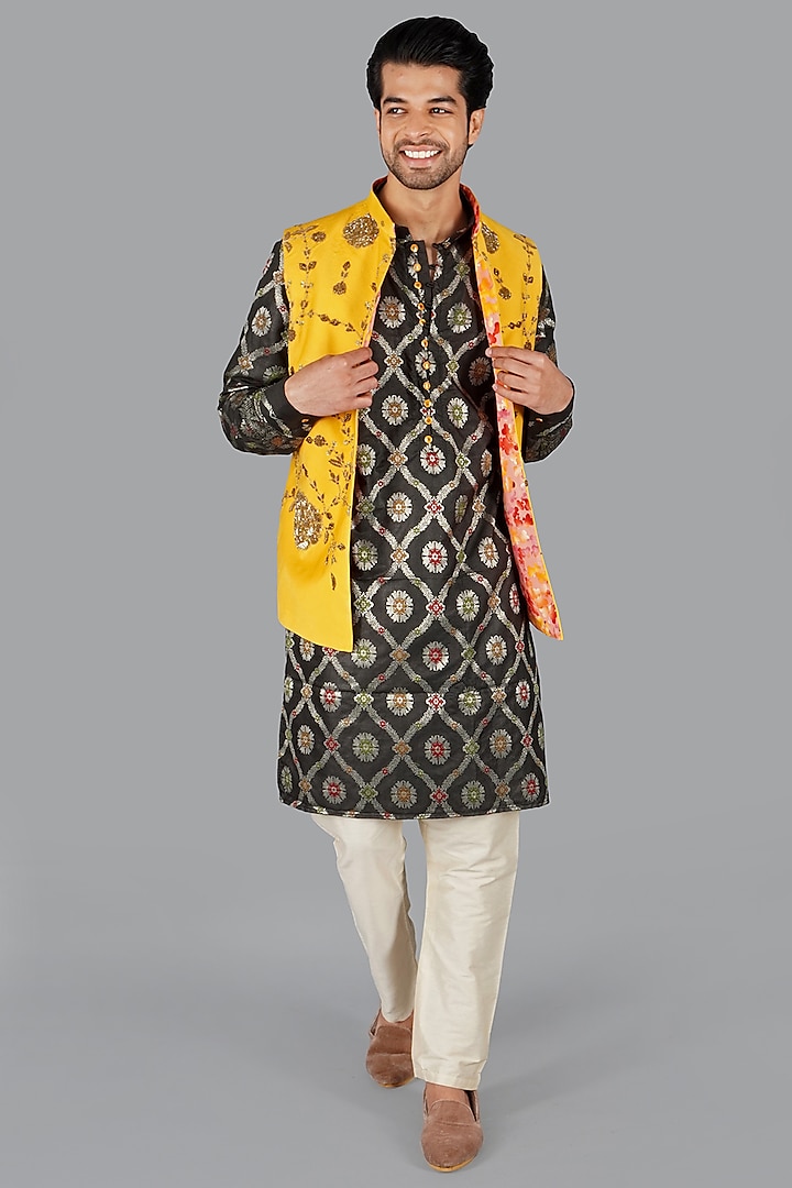 Yellow Modal Silk Zardosi Work Nehru Jacket Set by Gaurav Katta