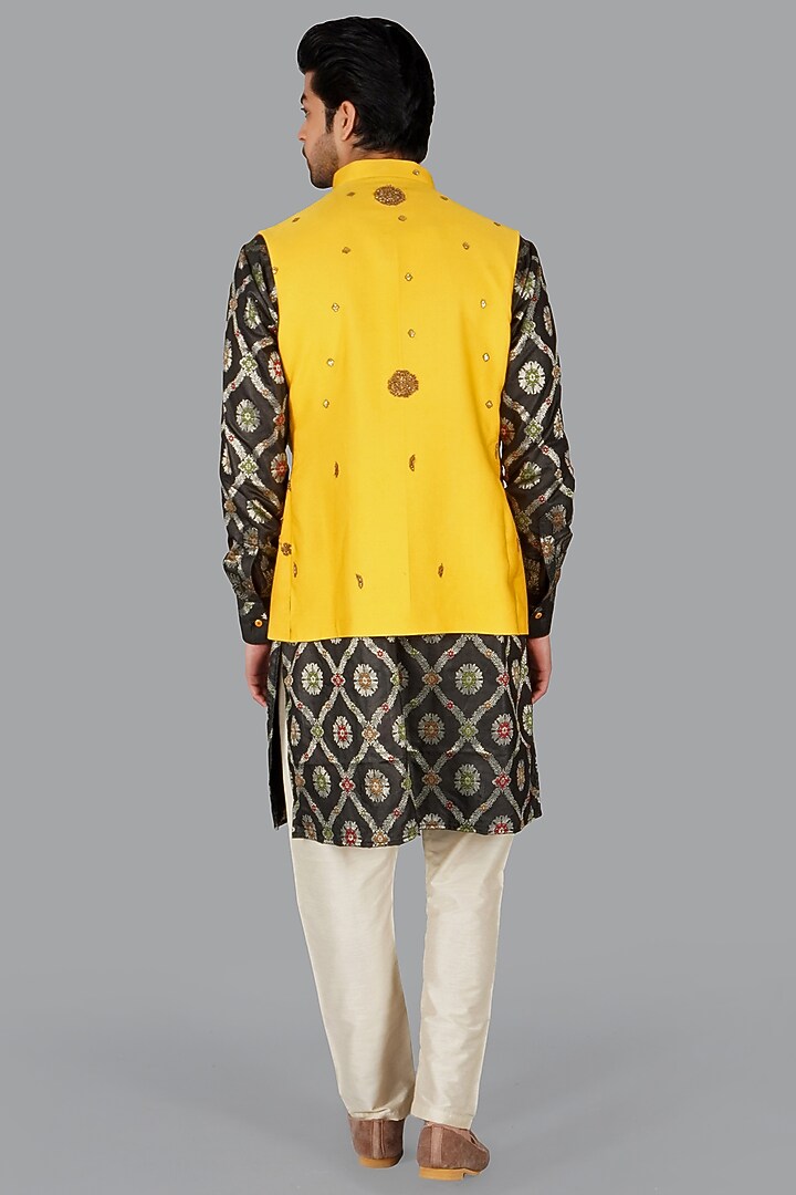 Yellow Modal Silk Zardosi Work Nehru Jacket Set by Gaurav Katta at Pernia's Pop Up Shop