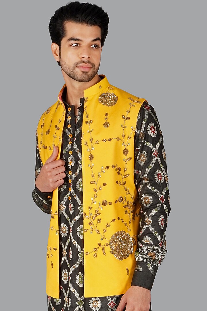 Yellow Modal Silk Zardosi Work Nehru Jacket Set by Gaurav Katta at Pernia's Pop Up Shop