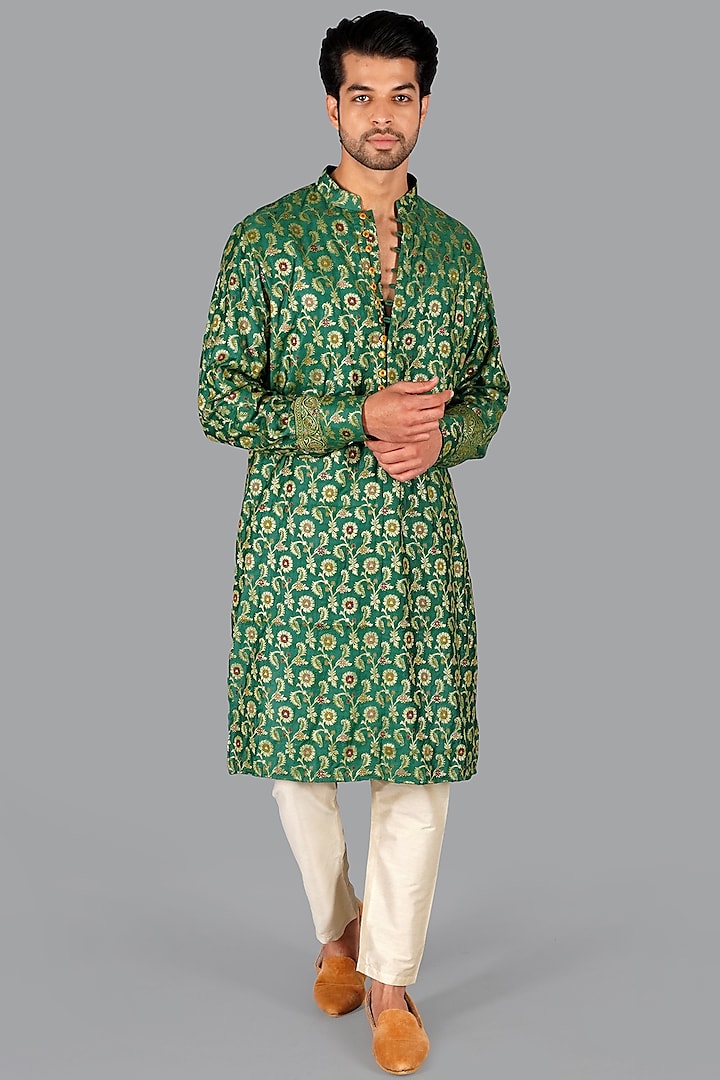 Dark Green Handwoven Banarasi Silk Kurta Set by Gaurav Katta