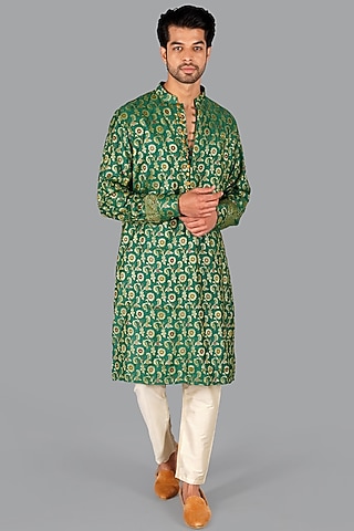 Dark Green Handwoven Banarasi Silk Kurta Set by Gaurav Katta