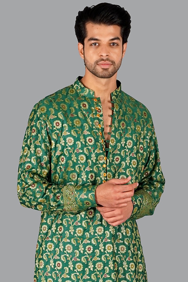 Dark Green Handwoven Banarasi Silk Kurta Set by Gaurav Katta at Pernia's Pop Up Shop