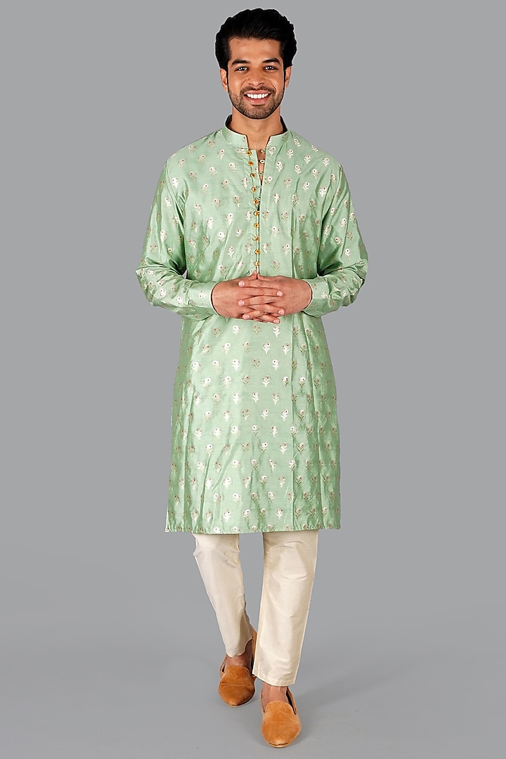 Pastel Green Handwoven Banarasi Silk Kurta Set by Gaurav Katta