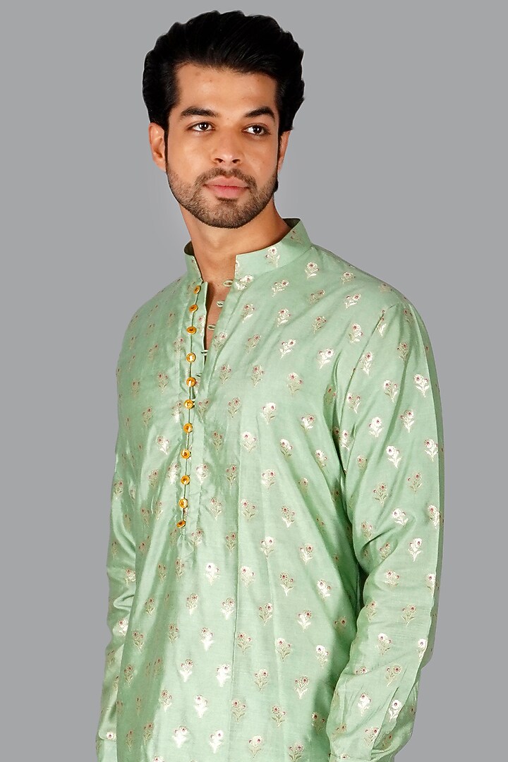 Pastel Green Handwoven Banarasi Silk Kurta Set by Gaurav Katta at Pernia's Pop Up Shop