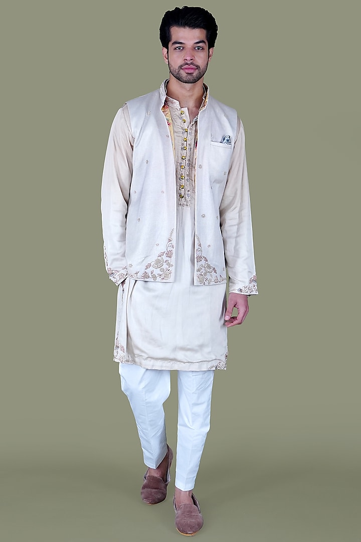 Warm White Italian Cotton Hand Embroidered Nehru Jacket Set by Gaurav Katta