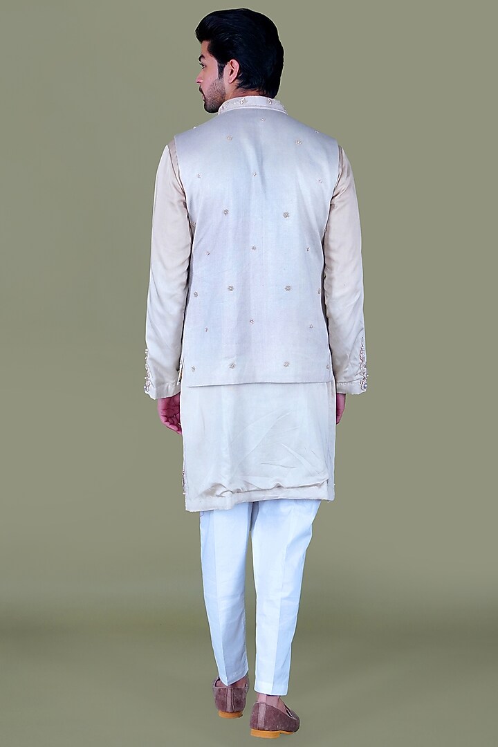 Warm White Italian Cotton Hand Embroidered Nehru Jacket Set by Gaurav Katta at Pernia's Pop Up Shop