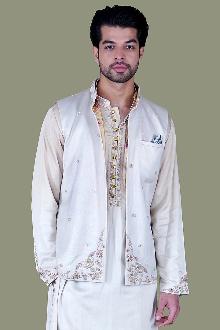 Warm White Italian Cotton Hand Embroidered Nehru Jacket Set by Gaurav Katta at Pernia's Pop Up Shop