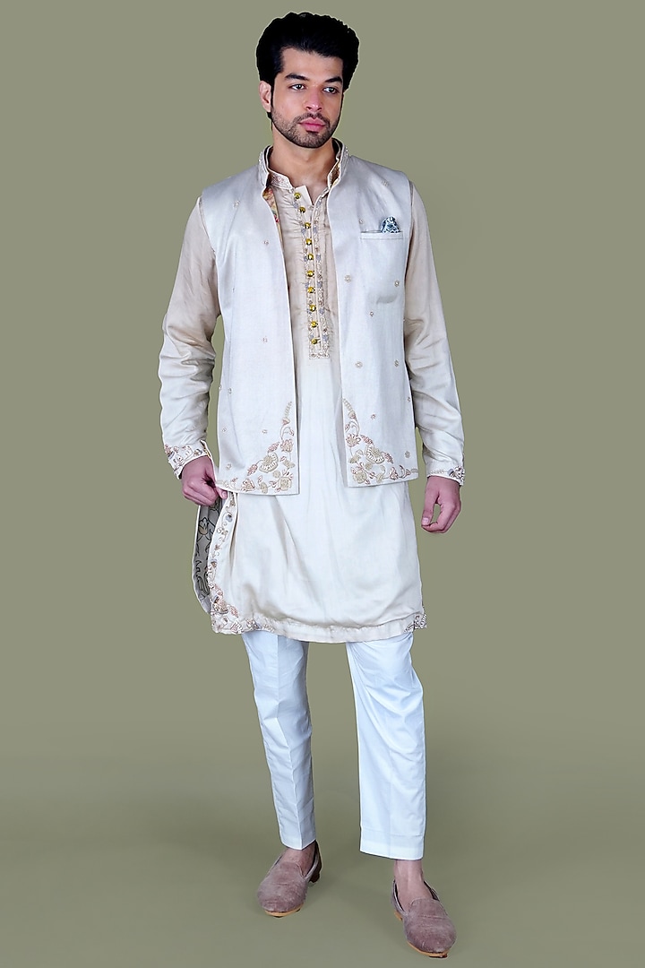Warm White Italian Cotton Hand Embroidered Nehru Jacket Set by Gaurav Katta at Pernia's Pop Up Shop
