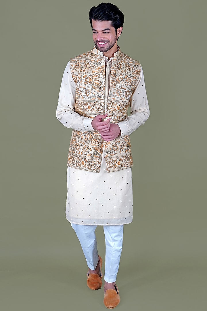 Beige Italian Cotton Kantha Work Nehru Jacket Set by Gaurav Katta