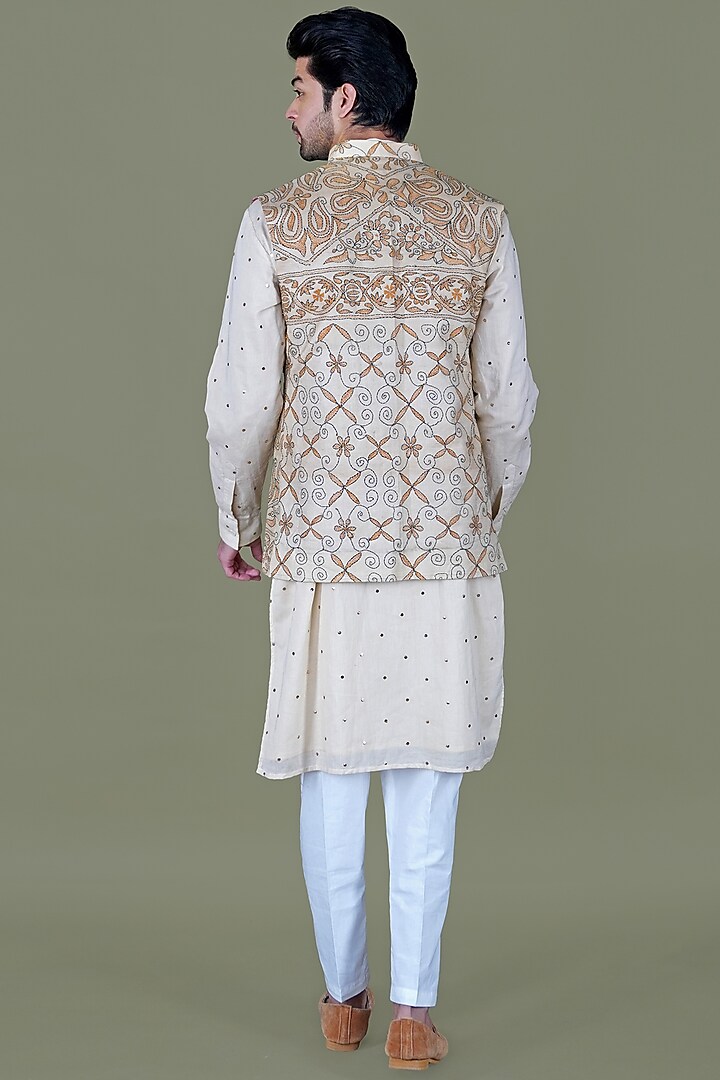 Buy Gaurav Katta Beige Italian Cotton Kantha Work Nehru Jacket Set at ...