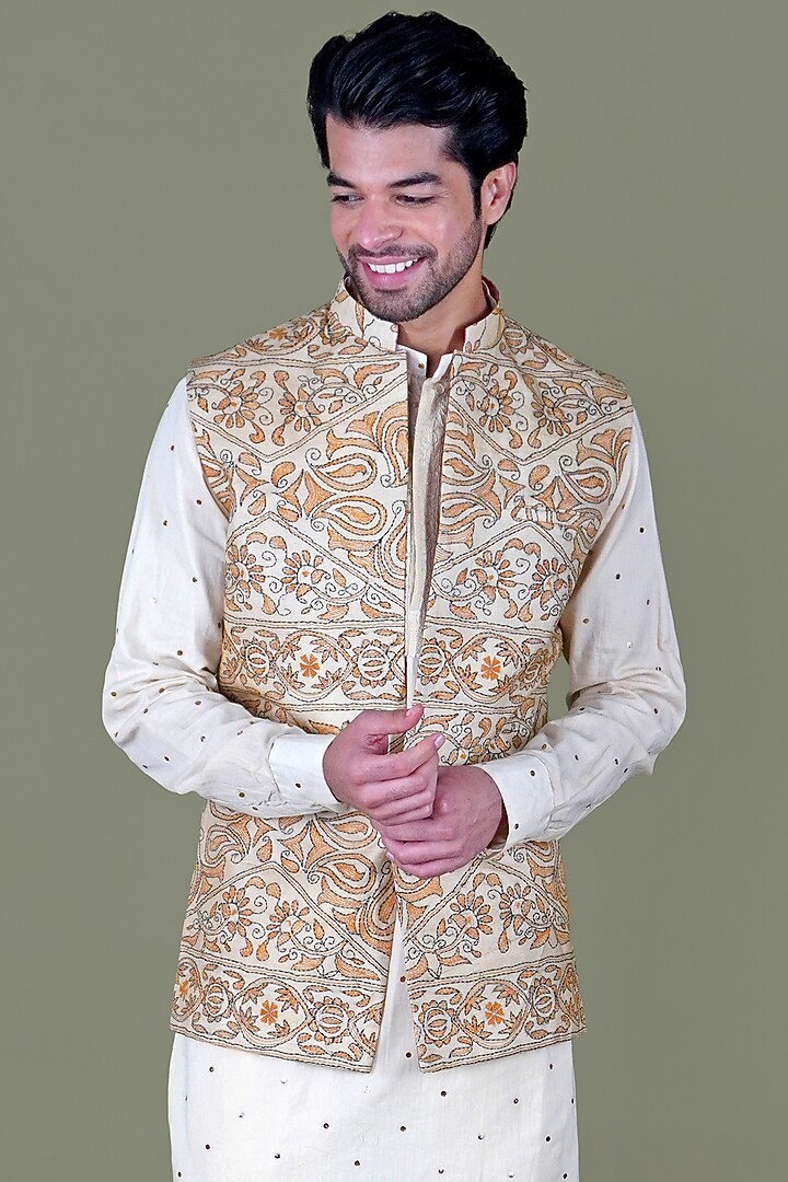 Beige Italian Cotton Kantha Work Nehru Jacket Set by Gaurav Katta at Pernia's Pop Up Shop