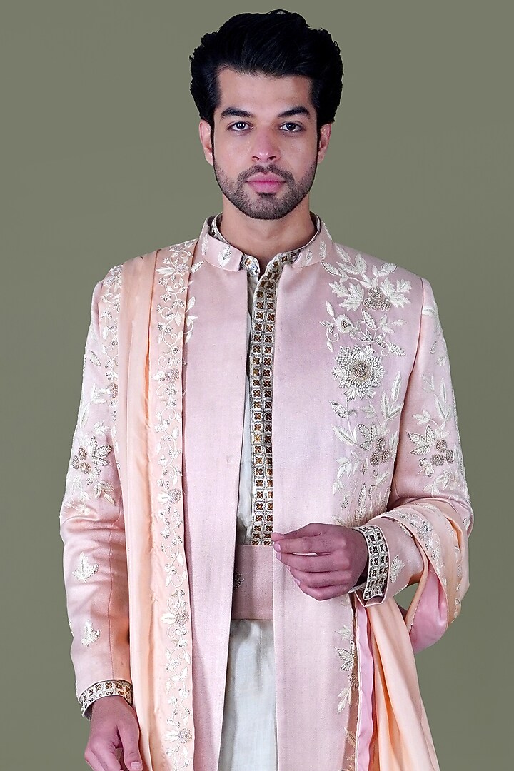 Rose Gold Italian Cotton Thread Work Groom Sherwani Set by Gaurav Katta at Pernia's Pop Up Shop