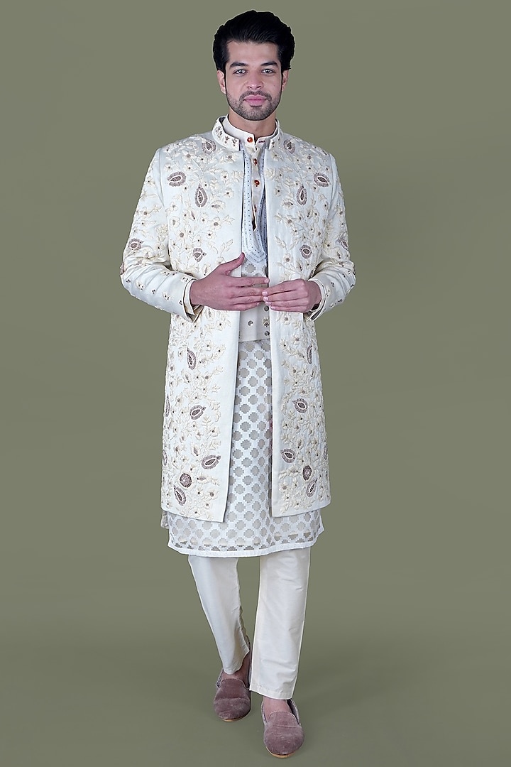 White Italian Cotton Thread Work Sherwani Set by Gaurav Katta