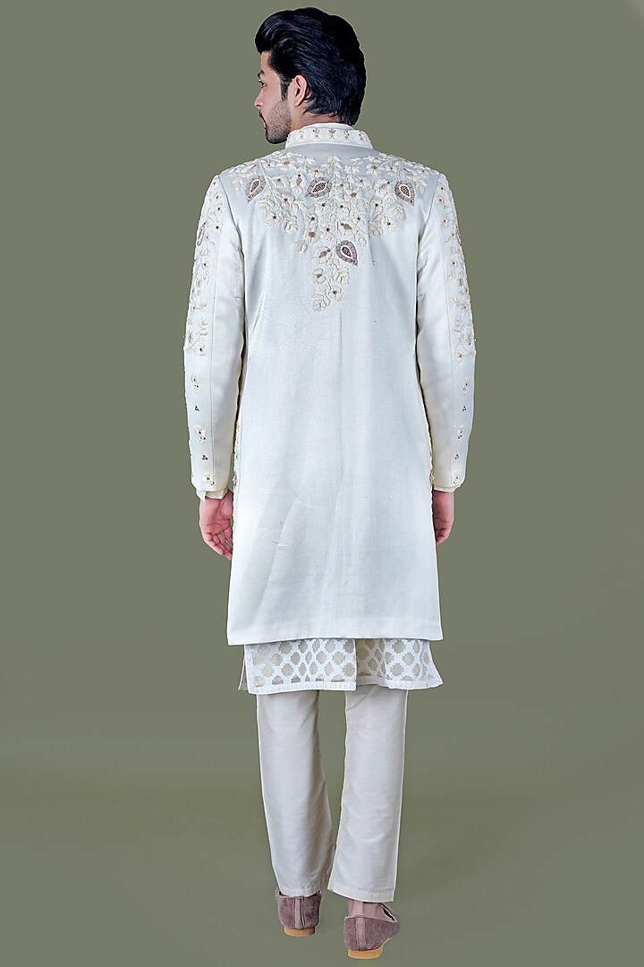 White Italian Cotton Thread Work Groom Sherwani Set by Gaurav Katta at Pernia's Pop Up Shop