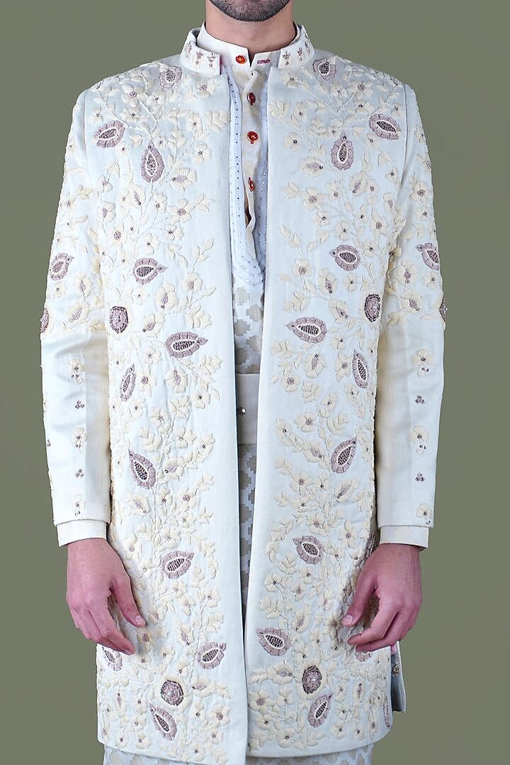 White Italian Cotton Thread Work Groom Sherwani Set by Gaurav Katta at Pernia's Pop Up Shop