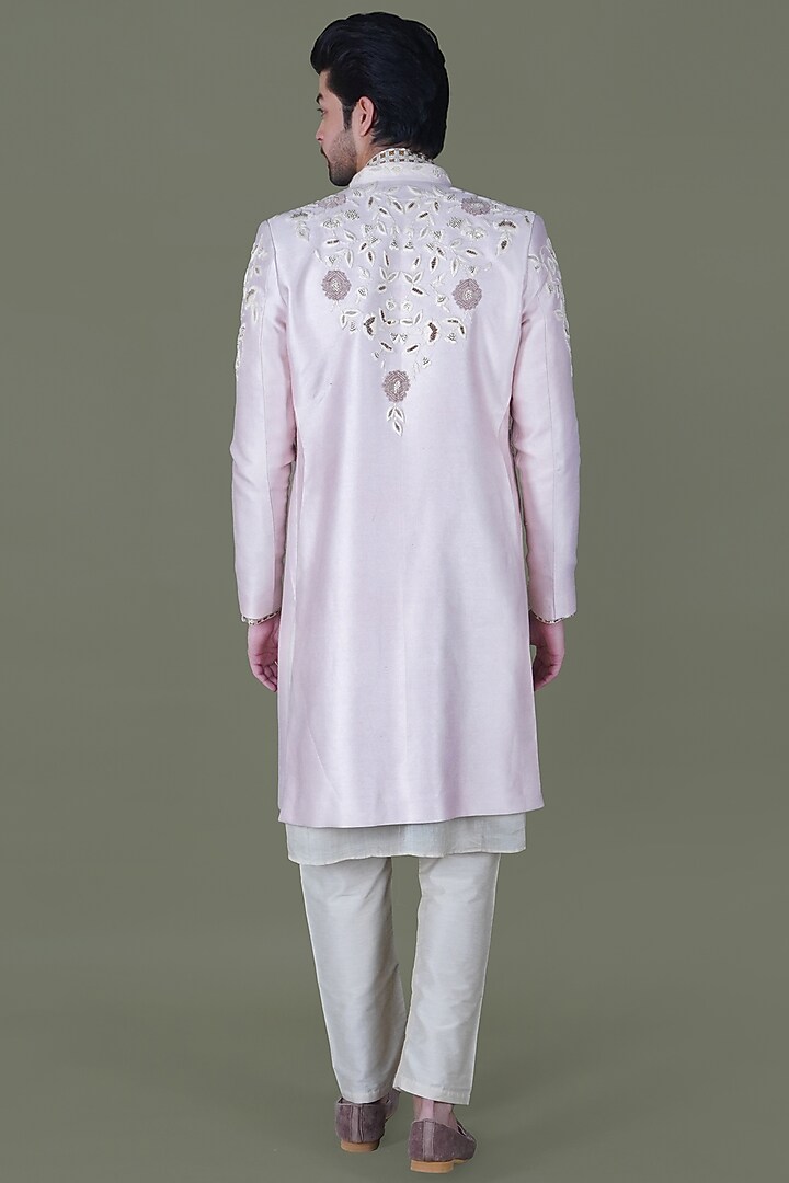 Rose Pink Italian Cotton Thread Work Groom Sherwani Set by Gaurav Katta at Pernia's Pop Up Shop