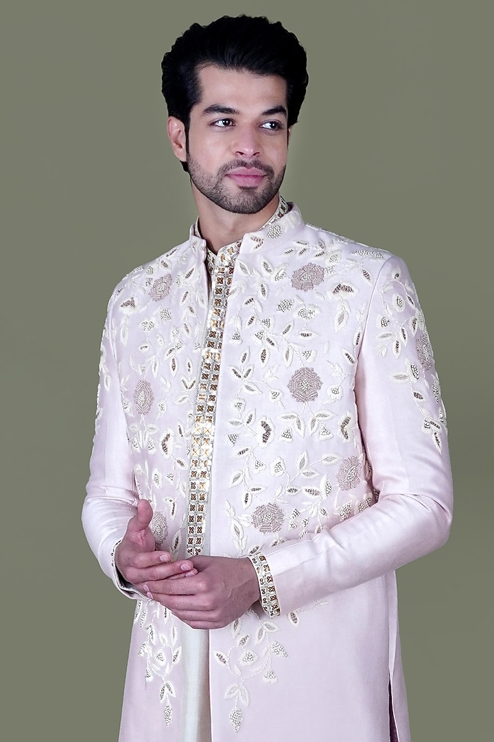 Rose Pink Italian Cotton Thread Work Groom Sherwani Set by Gaurav Katta at Pernia's Pop Up Shop