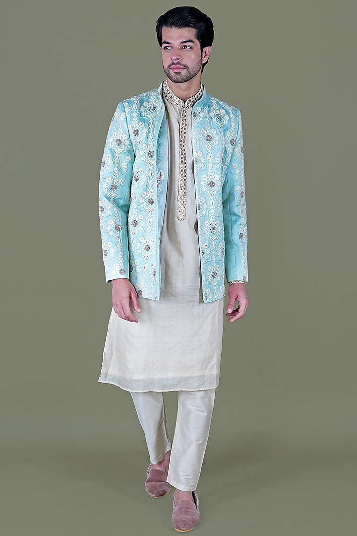 Aqua Italian Cotton Thread Work Jacket Set by Gaurav Katta