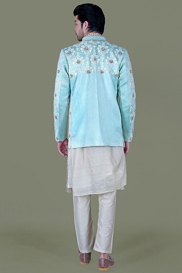 Aqua Italian Cotton Thread Work Jacket Set by Gaurav Katta at Pernia's Pop Up Shop