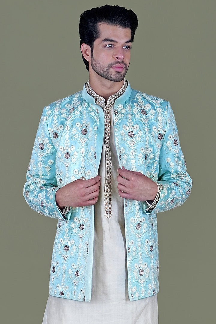 Aqua Italian Cotton Thread Work Jacket Set by Gaurav Katta at Pernia's Pop Up Shop