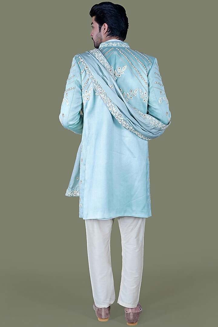 Aqua Italian Cotton Thread Work Groom Sherwani Set by Gaurav Katta at Pernia's Pop Up Shop
