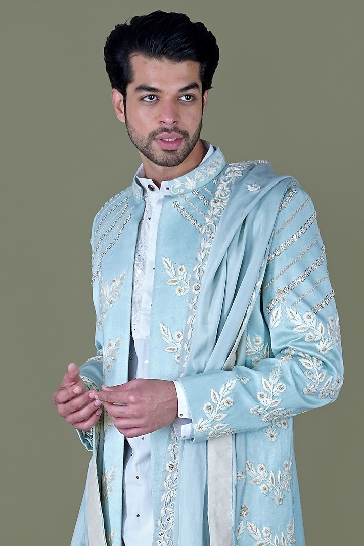 Aqua Italian Cotton Thread Work Groom Sherwani Set by Gaurav Katta at Pernia's Pop Up Shop