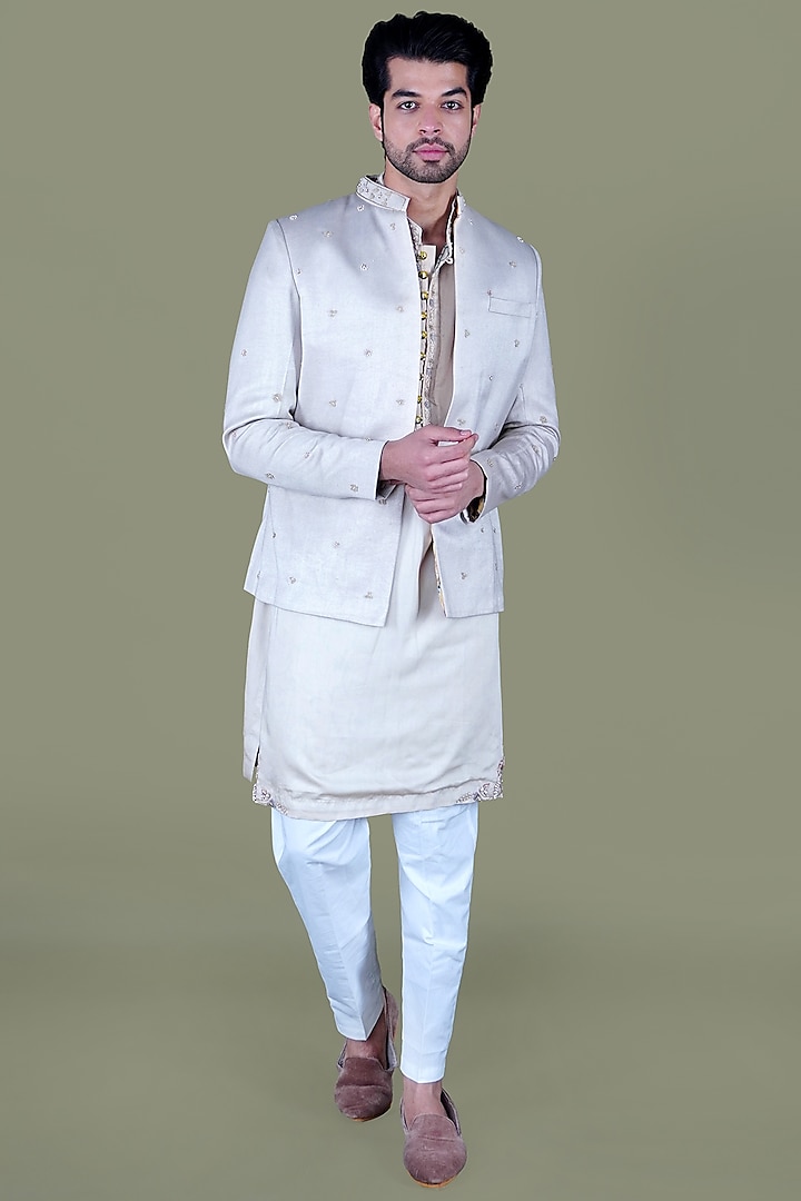Warm White Italian Cotton Pearl Work Indowestern Set by Gaurav Katta