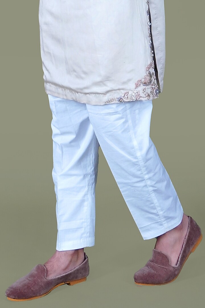 Warm White Italian Cotton Pearl Work Wedding Indowestern Set by Gaurav Katta at Pernia's Pop Up Shop