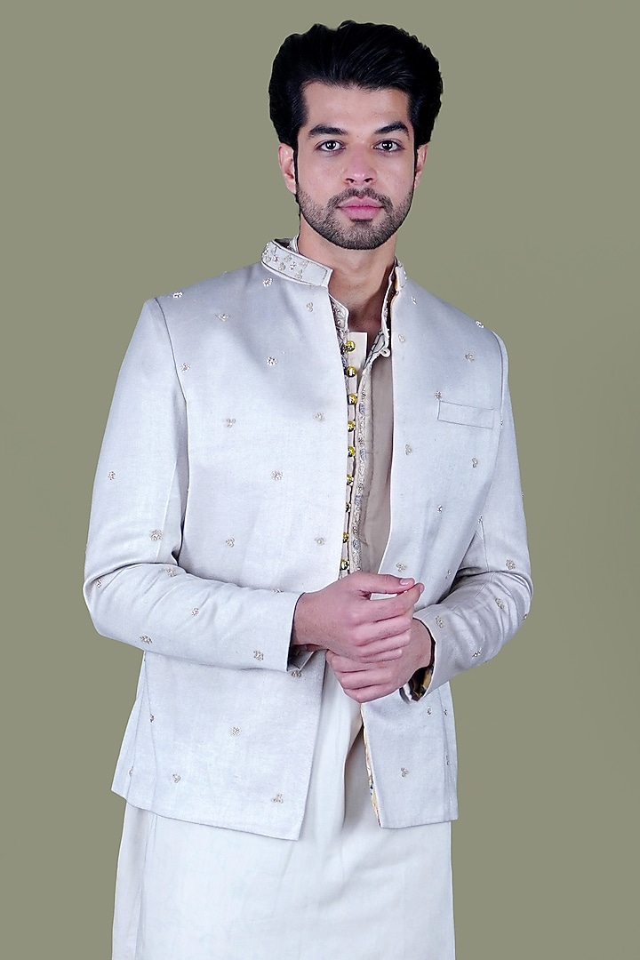 Warm White Italian Cotton Pearl Work Wedding Indowestern Set by Gaurav Katta at Pernia's Pop Up Shop