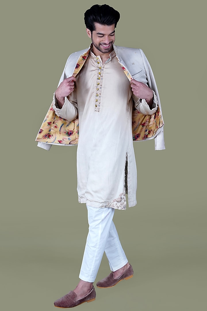 Warm White Italian Cotton Pearl Work Wedding Indowestern Set by Gaurav Katta at Pernia's Pop Up Shop