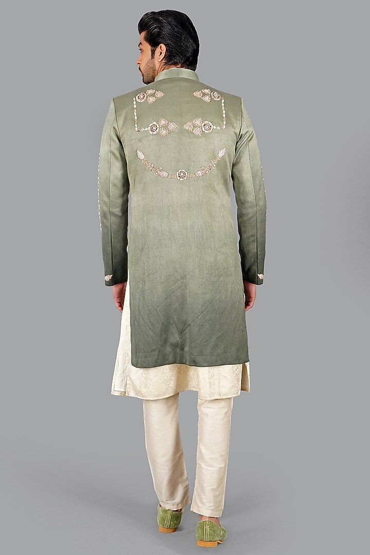 Green Ombre Italian Cotton Hand Work Groom Sherwani Set by Gaurav Katta at Pernia's Pop Up Shop