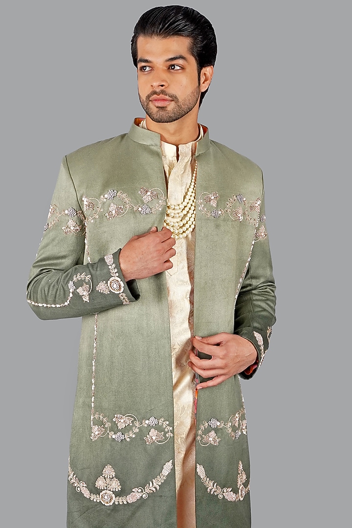 Green Ombre Italian Cotton Hand Work Groom Sherwani Set by Gaurav Katta at Pernia's Pop Up Shop