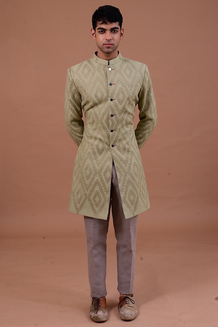Mehendi Green Modal Silk Ajkan Jacket Set by Gaurav Katta