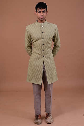 Mehendi Green Modal Silk Achkan Jacket Set by Gaurav Katta