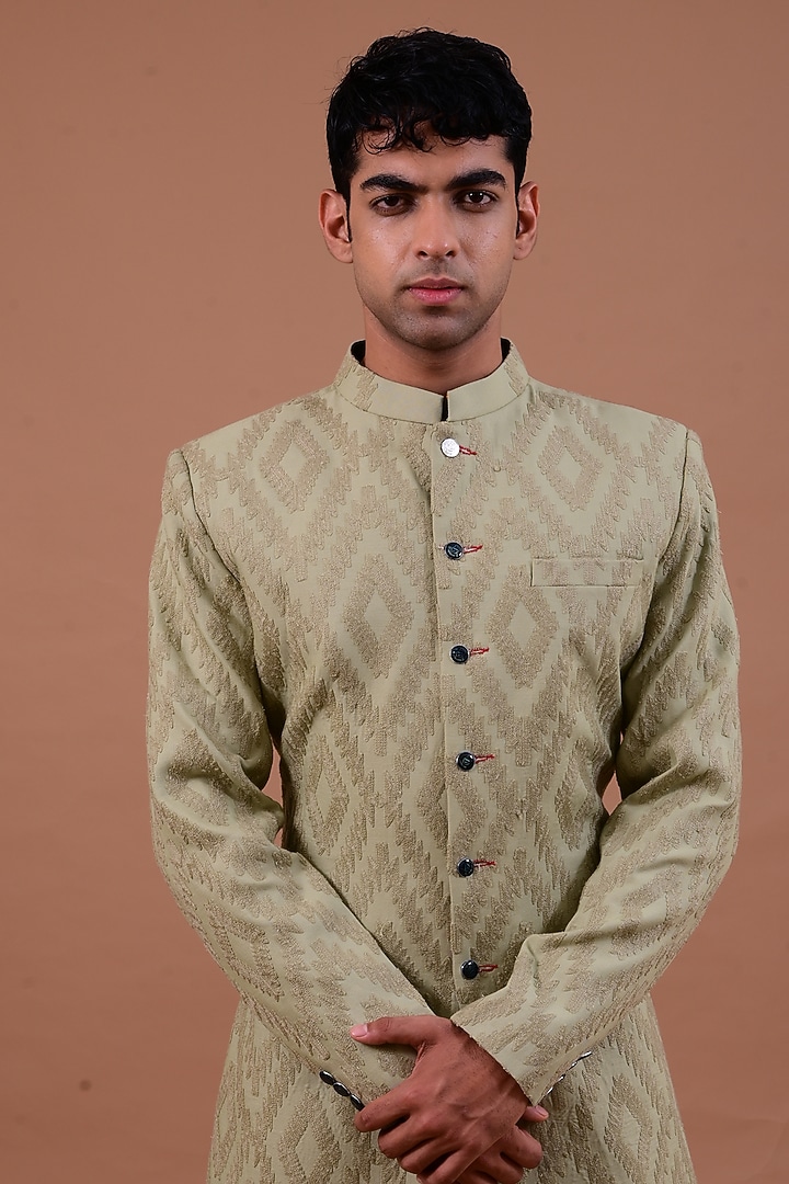 Mehendi Green Modal Silk Achkan Jacket Set by Gaurav Katta at Pernia's Pop Up Shop
